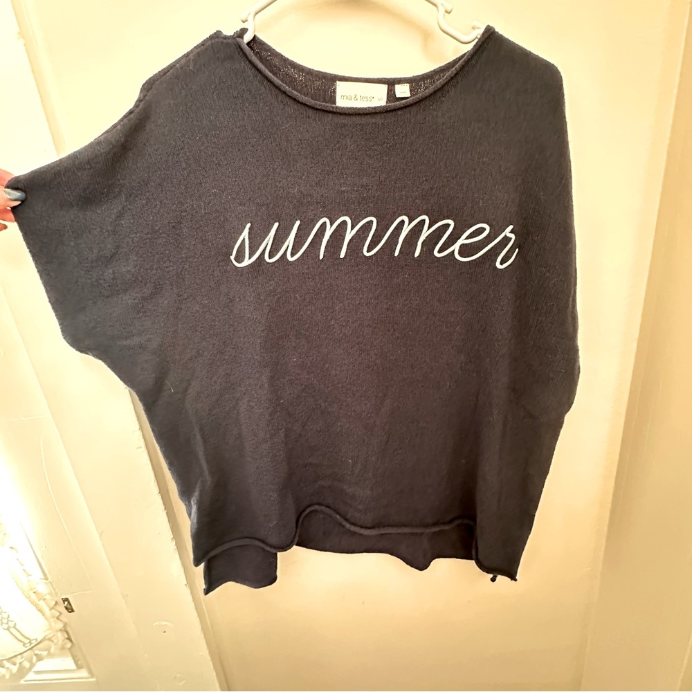 Mia and Tess navy blue summer embroidered short sleeve sweater top